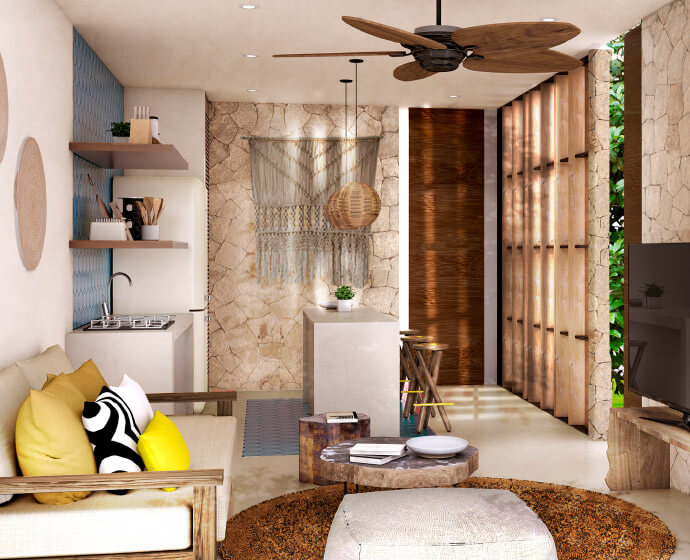 Diseño de interiores, muebles de sala y cocina de Casa Coz, desarrollo inmobiliario de departamentos de lujo en Tulum, construido por ARIN Construcciones